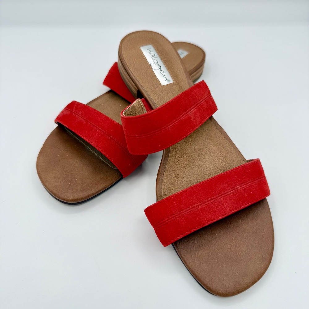 Halogen Red Suede Double Strap Slide Sandals Womens Size 7M Flat Open Toe Shoes
